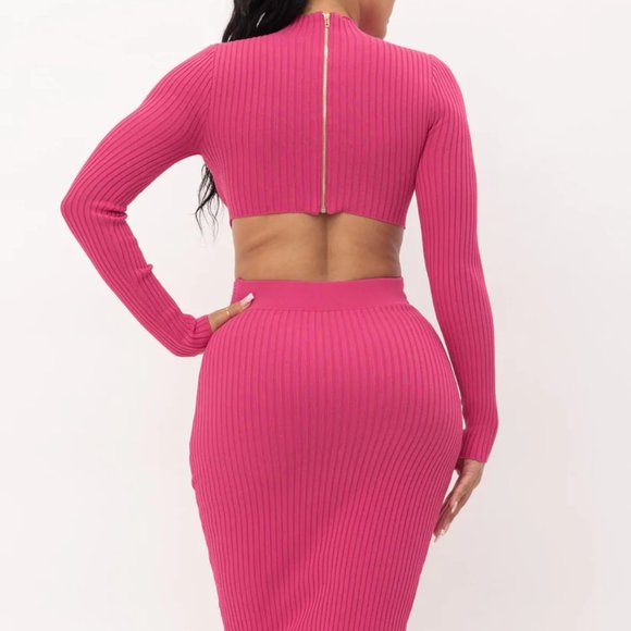 Fuchsia Sweater Knit Cutout Midi Dress - Picture 2 of 4